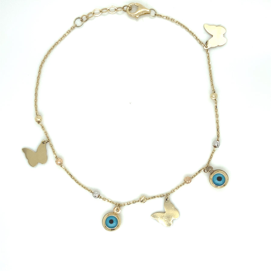 Pulsera Evel Eye de Oro 14K con Mariposa