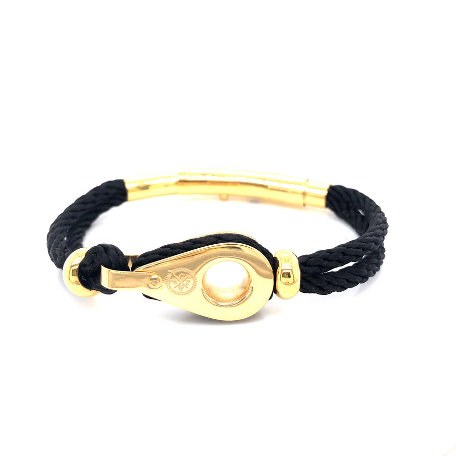 Pulsera de cuerda doble negra con polea dorada y cuentas (negro/dorado)