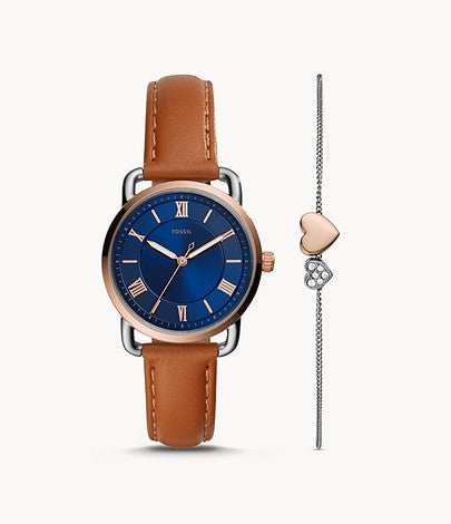 Copeland Three-Hand Tan Leather Watch and Bracelet Set | Fossil | Luby 