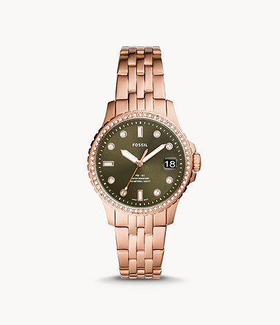 Three-Hand Date Rose Gold-Tone Stainless Steel Watch | Fossil | Luby 