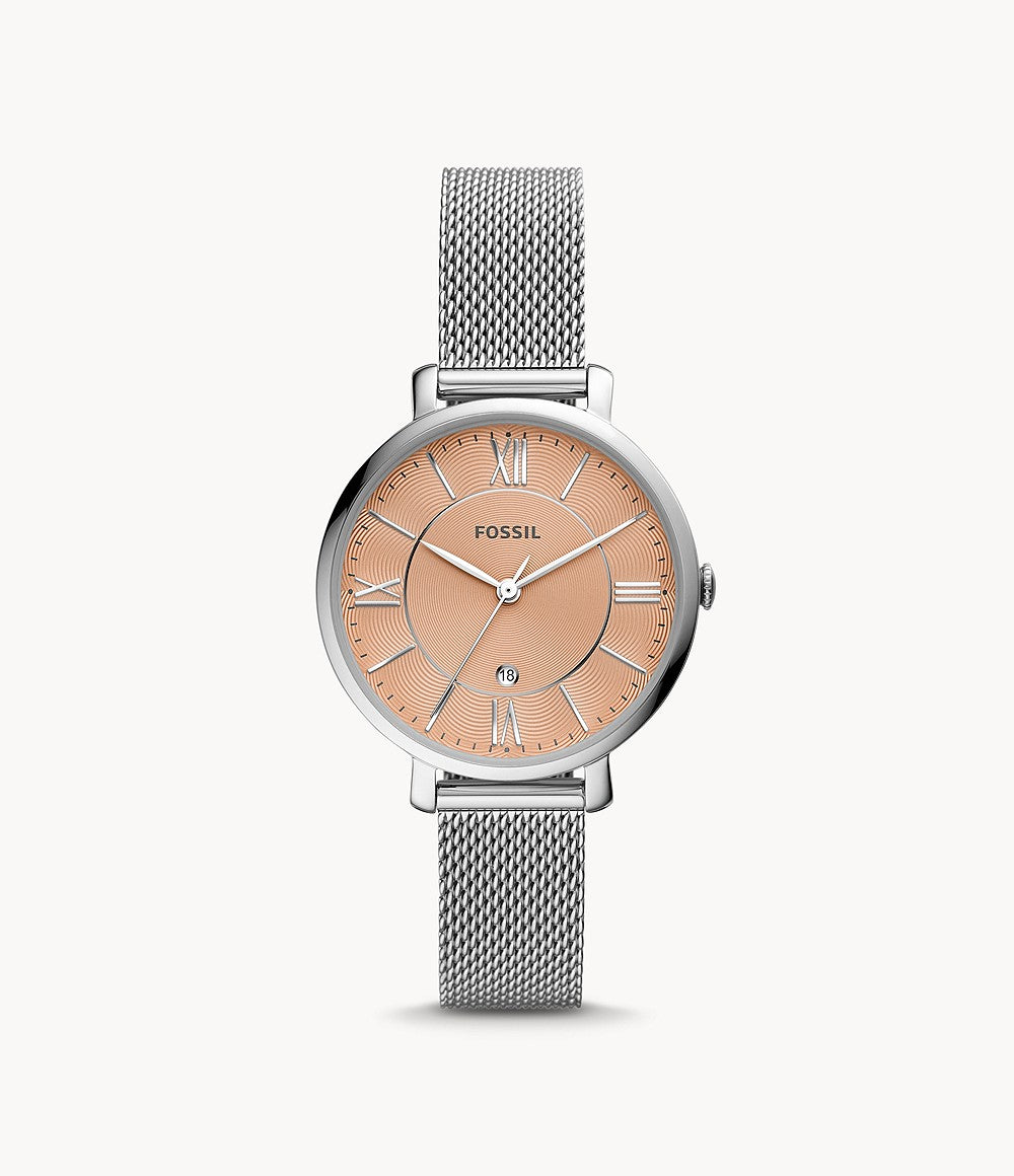 Jacqueline Three-Hand Date Stainless Steel Mesh Watch | Fossil | Luby 
