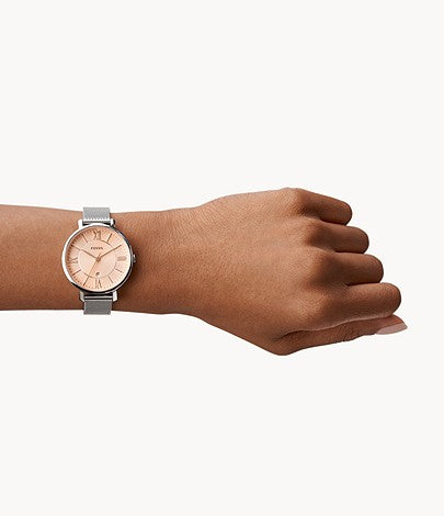 Jacqueline Three-Hand Date Stainless Steel Mesh Watch | Fossil | Luby 