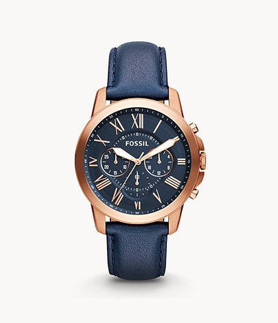 Grant Chronograph Navy Leather Watch | Fossil | Luby 