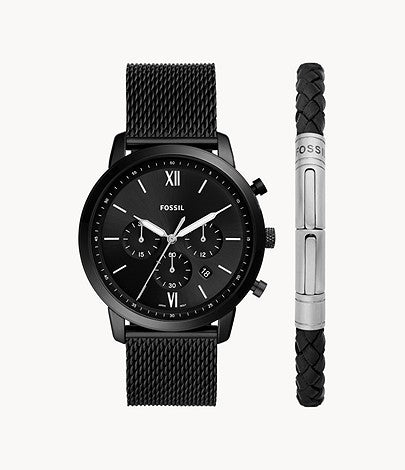 Neutra Chronograph Black Stainless Steel Mesh Watch and Bracelet Box Set | Fossil | Luby 