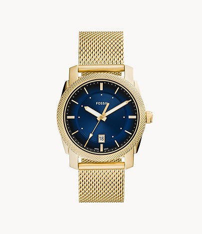 Machine Three-Hand Date Gold-Tone Stainless Steel Mesh Watch | Fossil | Luby 