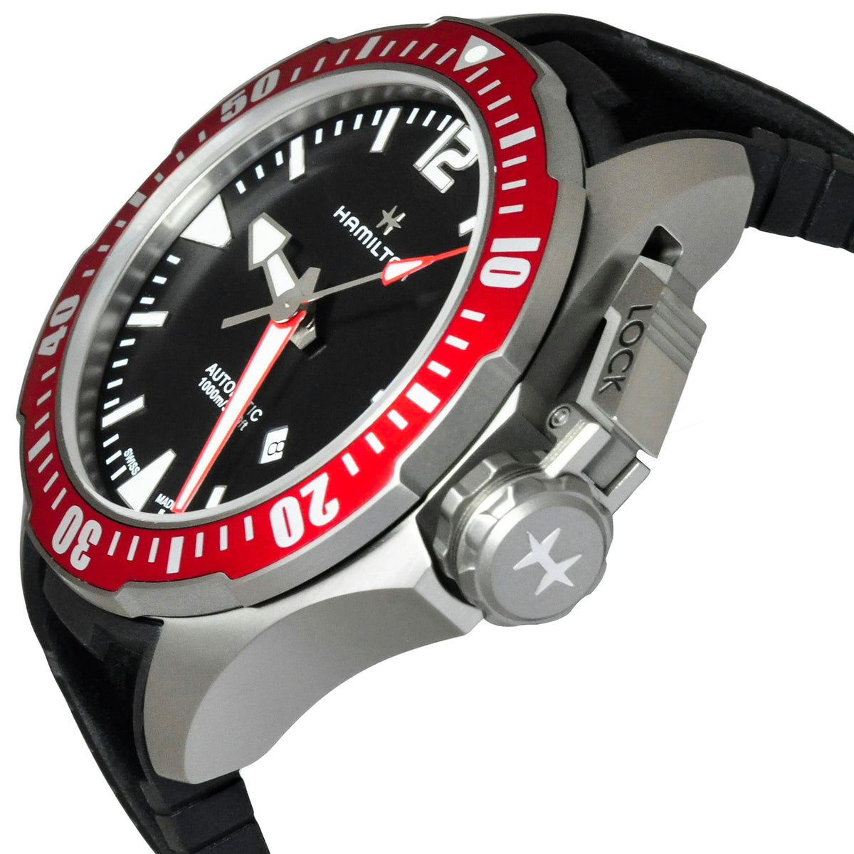 Khaki Automatic Navy Frogman Titanium (Black/Red Bezel) | Hamilton | Luby 
