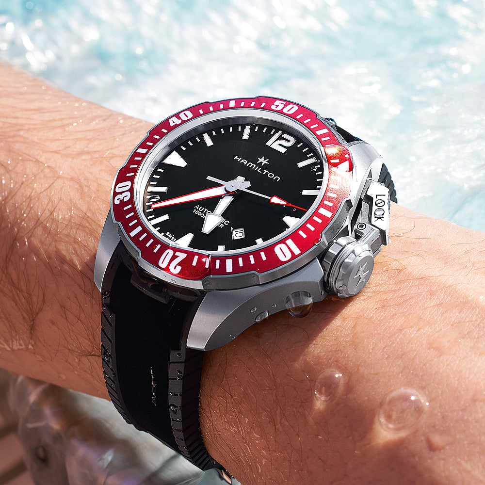 Khaki Automatic Navy Frogman Titanium (Black/Red Bezel) | Hamilton | Luby 