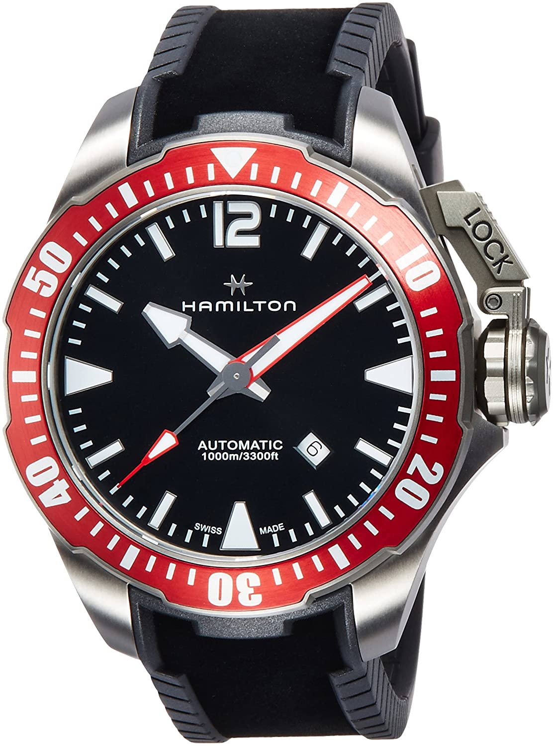 Khaki Automatic Navy Frogman Titanium (Black/Red Bezel) | Hamilton | Luby 