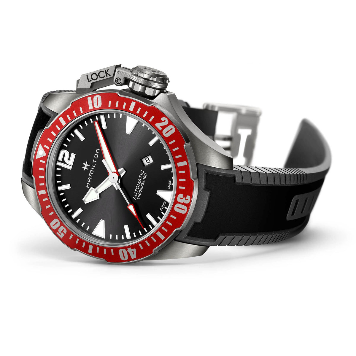 Khaki Automatic Navy Frogman Titanium (Black/Red Bezel) | Hamilton | Luby 