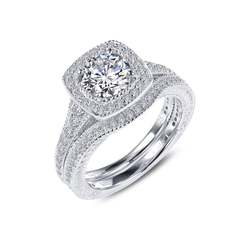 Juego de anillos de compromiso con halo de talla cojín