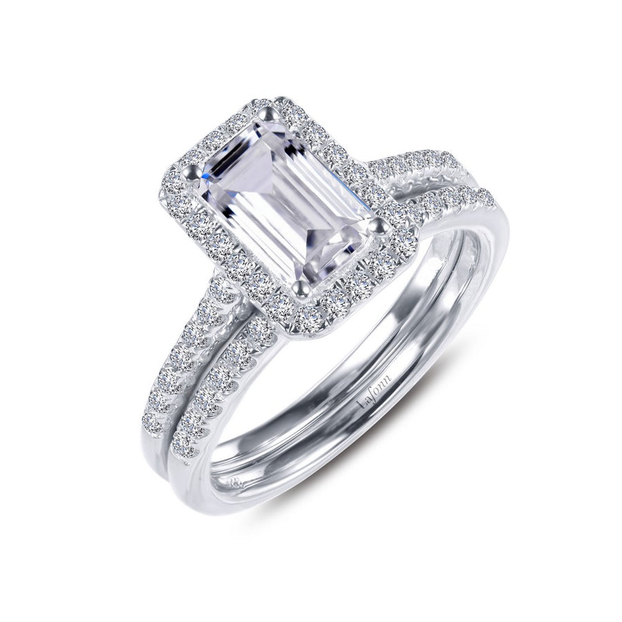 Juego de anillos de boda con halo de talla esmeralda