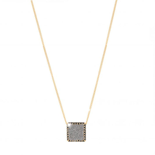 Jolie Necklace in Silver with Large Square Pendant with Diamond Dust and Black Stone | Rebecca | Luby 