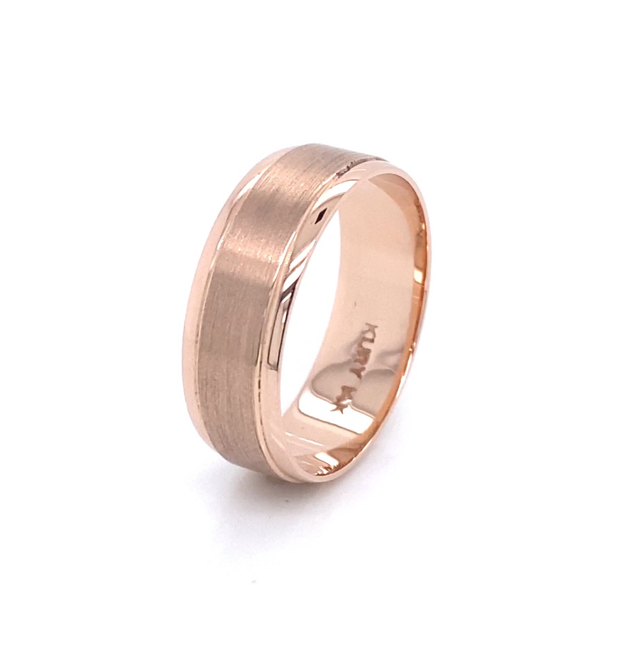 Alianza de boda para hombre de oro rosa con rayas mate de 14 quilates