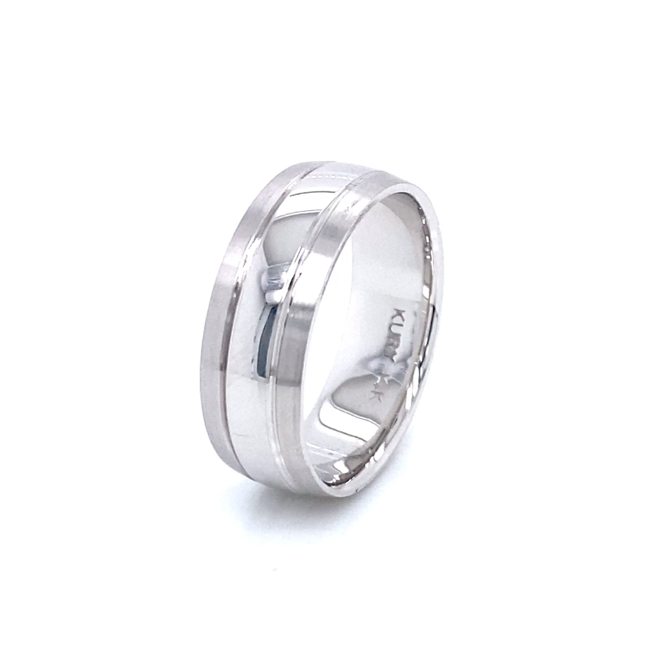14K Wide Shiny Stripe White Gold Men Wedding Band | Luby Gold Collection | Luby 