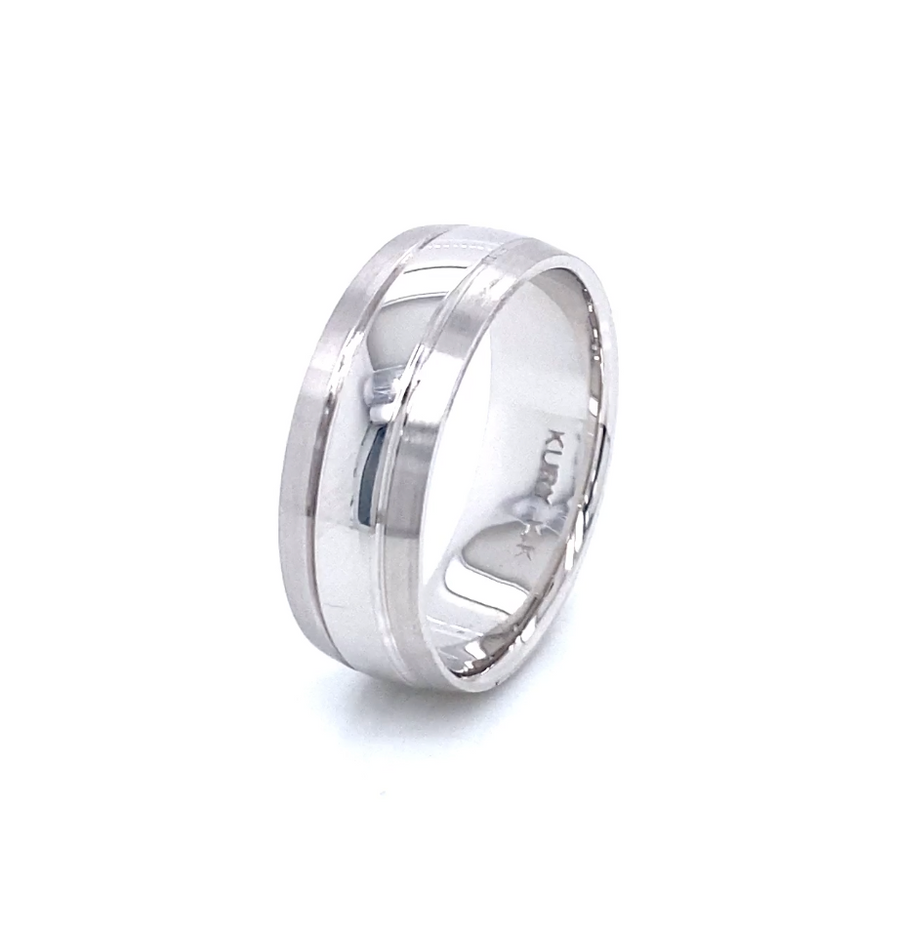 Alianza de boda para hombre de oro blanco con rayas anchas brillantes de 14 quilates