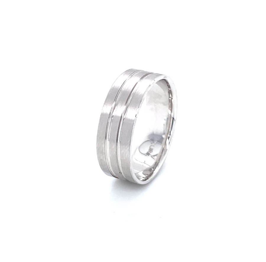 Alianza de boda para hombre de oro blanco mate con tres rayas de 14 quilates