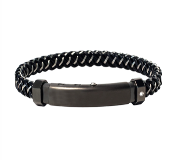 BLACK LEATHER & STEEL BRAID, STAINLESS STEEL CLASP WITH DIAMOND