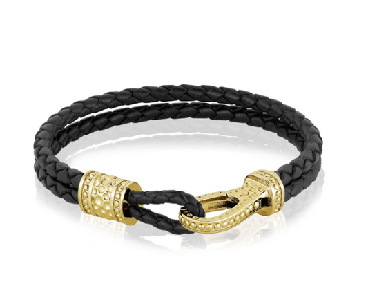 Gold Steel Clasp Black Leather Bracelet | ARZ Steel | Luby 
