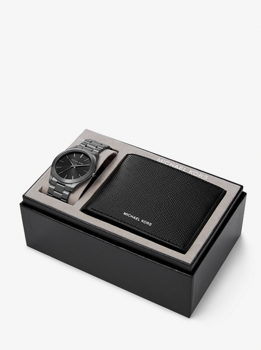 Oversized Slim Runway Gunmetal Watch And Jet Set Charm Leather Wallet Gift Set | Michael Kors | Luby 