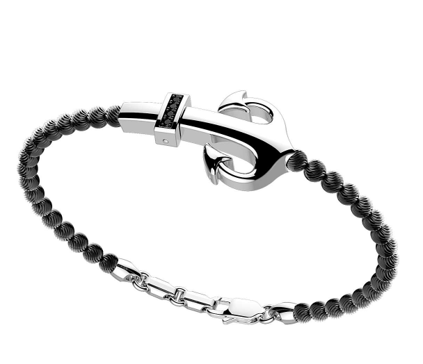 Pulsera Ancla y Cuentas de Plata con Espinelas Negras