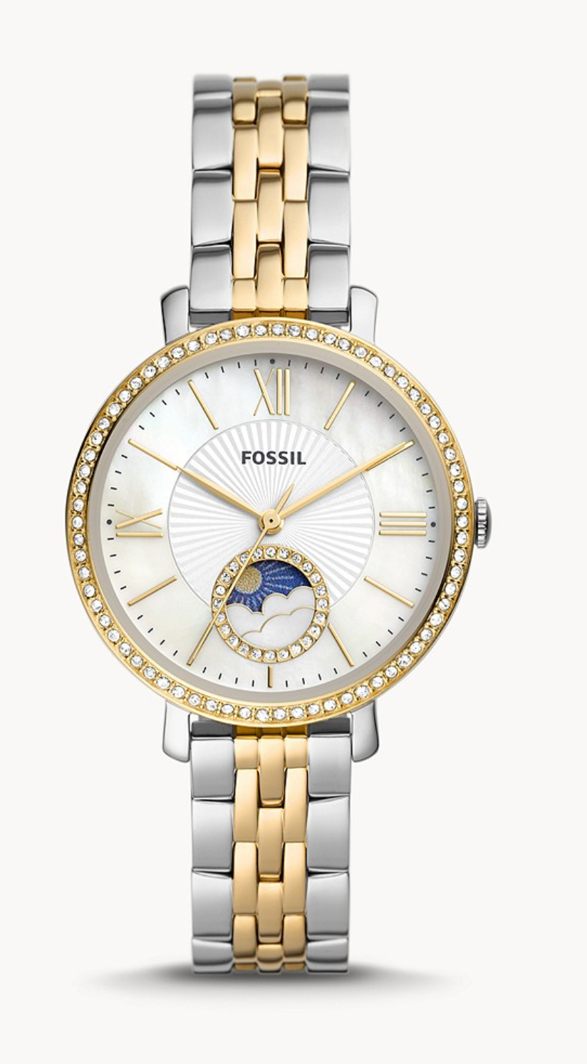 Jacqueline Sun Moon Multifunction Two-Tone Stainless Steel Watch | Fossil | Luby 