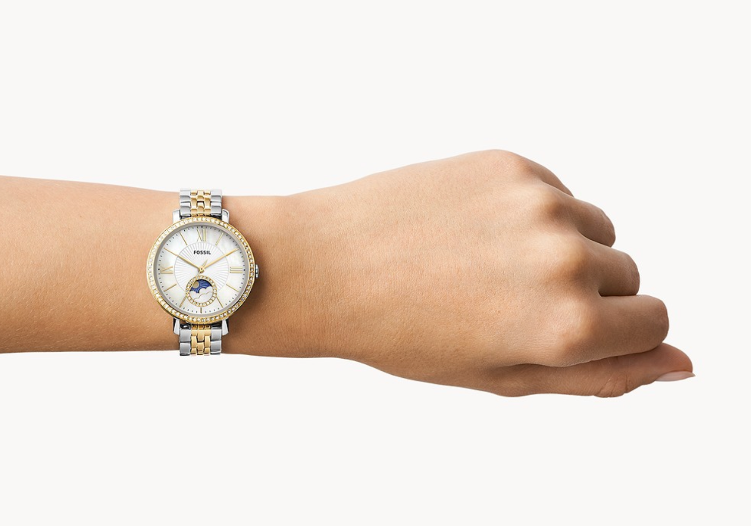 Jacqueline Sun Moon Multifunction Two-Tone Stainless Steel Watch | Fossil | Luby 