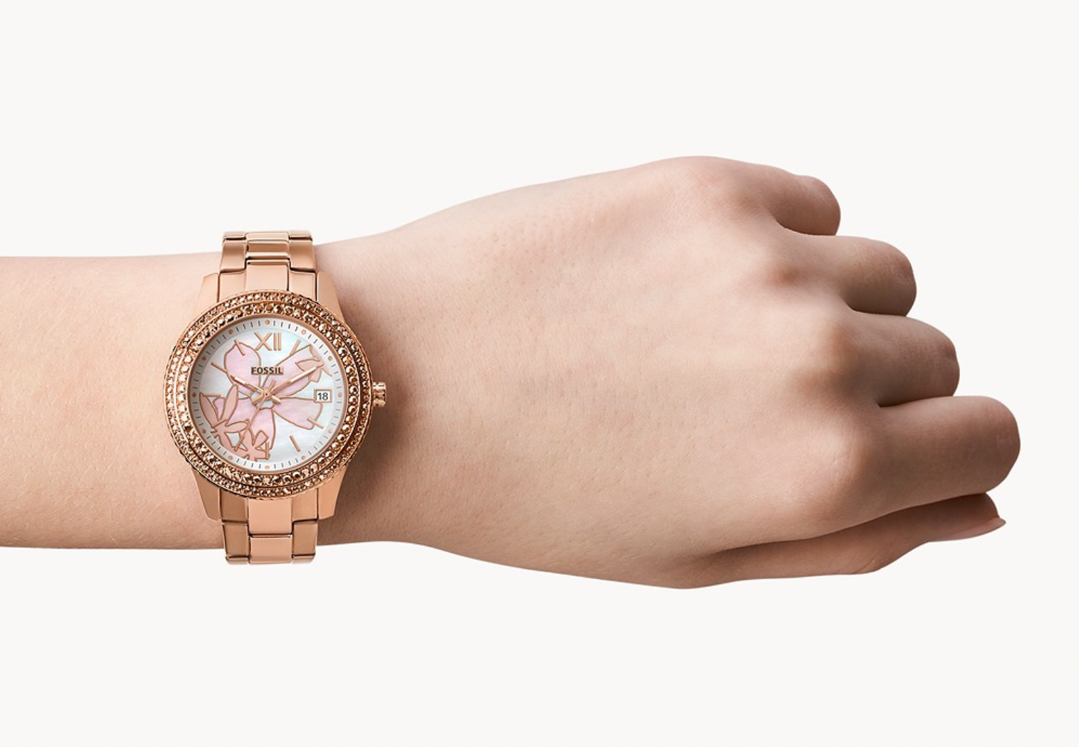 Stella Three-Hand Date Rose Gold-Tone Stainless Steel Watch | Fossil | Luby 