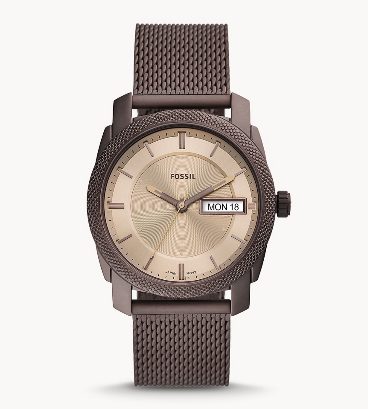 Machine Three-Hand Day-Date Brown Stainless Steel Mesh Watch | Fossil | Luby 