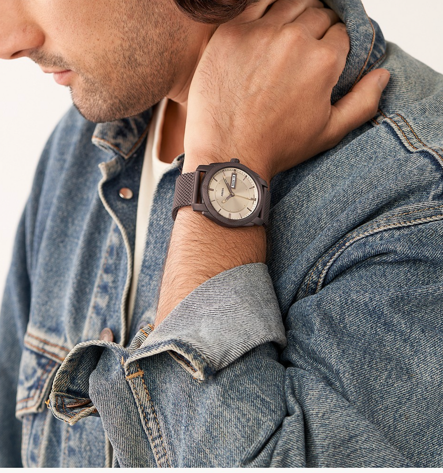 Machine Three-Hand Day-Date Brown Stainless Steel Mesh Watch | Fossil | Luby 