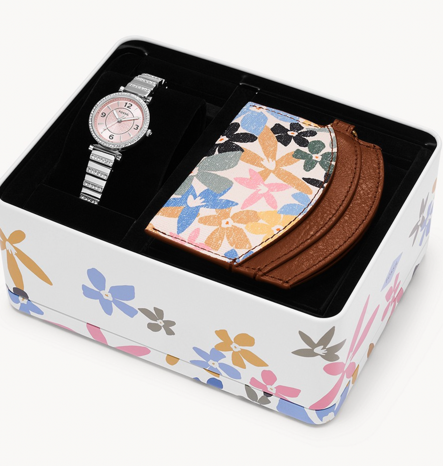 Carlie Three-Hand Stainless Steel Watch and Card Case Box Set | Fossil | Luby 