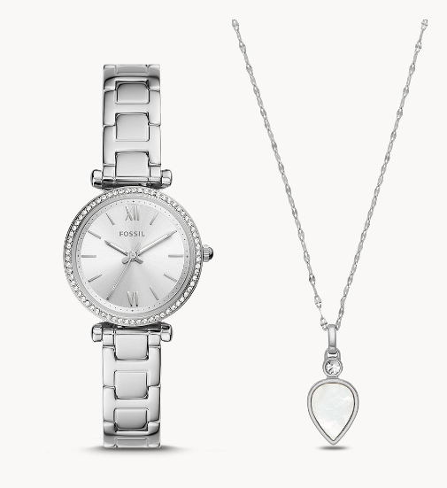 Carlie Three-Hand Stainless Steel Watch and Necklace Set | Fossil | Luby 