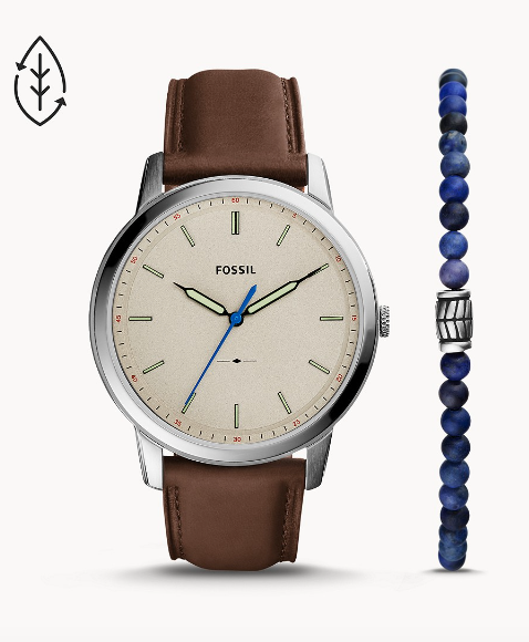 Minimalist Three-Hand Brown Eco Leather Watch and Bracelet Set | Fossil | Luby 