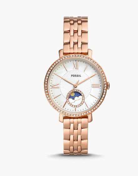 Jacqueline Sun Moon Multifunction Rose Gold-Tone Stainless Steel Watch | Fossil | Luby 