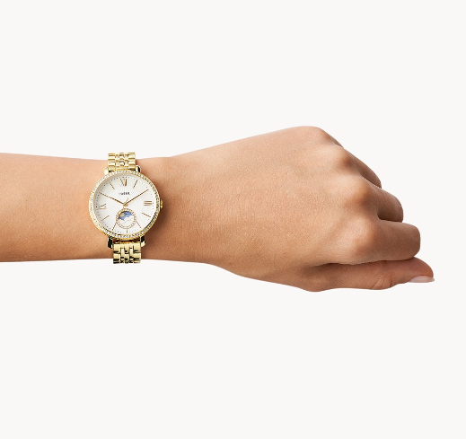 Jacqueline Sun Moon Multifunction Gold-Tone Stainless Steel Watch | Fossil | Luby 