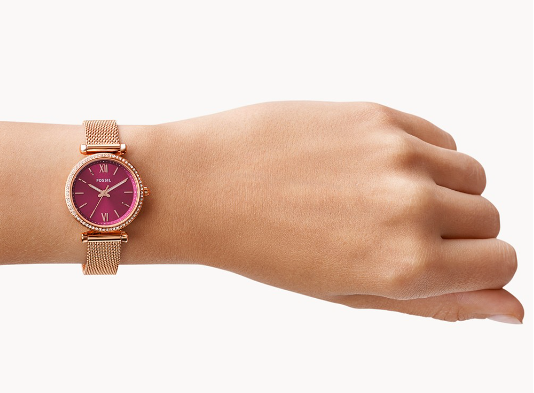 Carlie Mini Three-Hand Rose Gold-Tone Stainless Steel Mesh Watch | Fossil | Luby 