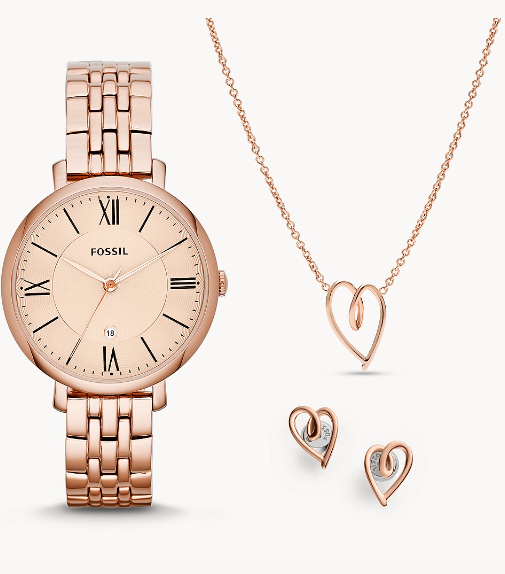 Jacqueline Three-Hand Date Rose Gold-Tone Stainless Steel Watch and Jewelry Set | Fossil | Luby 