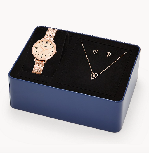 Jacqueline Three-Hand Date Rose Gold-Tone Stainless Steel Watch and Jewelry Set | Fossil | Luby 