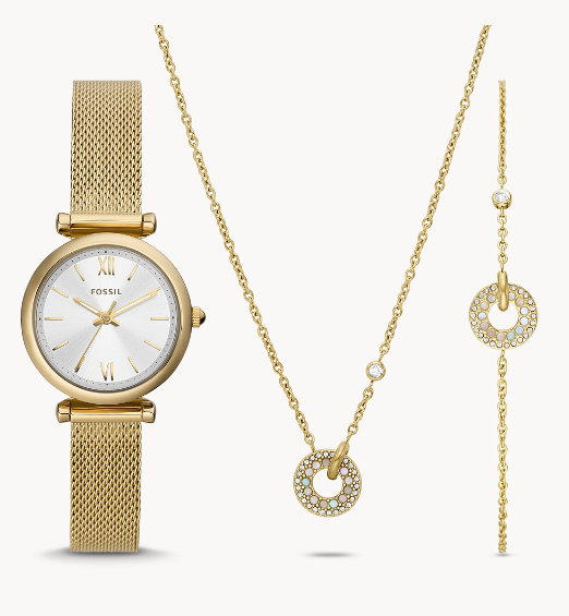 Carlie Three-Hand Gold-Tone Stainless Steel Mesh Watch and Jewelry Set | Fossil | Luby 