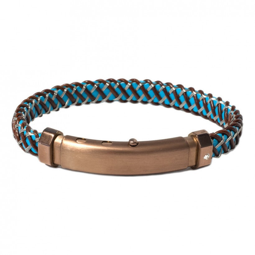 BLUE LEATHER & STEEL BRAID, STAINLESS STEEL CLASP WITH DIAMOND | BORSARI | Luby 