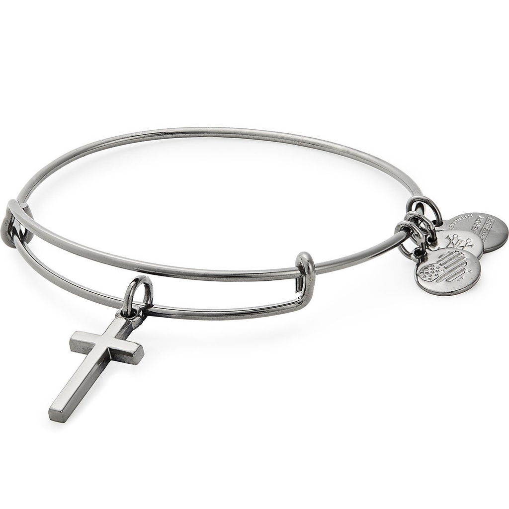 Midnight Silver Cross II Charm Bangle Bracelet (Silver) | Alex and Ani | Luby 