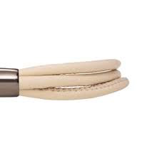 Brazalete de cuero desnudo con triple vuelta (plata/crema claro)