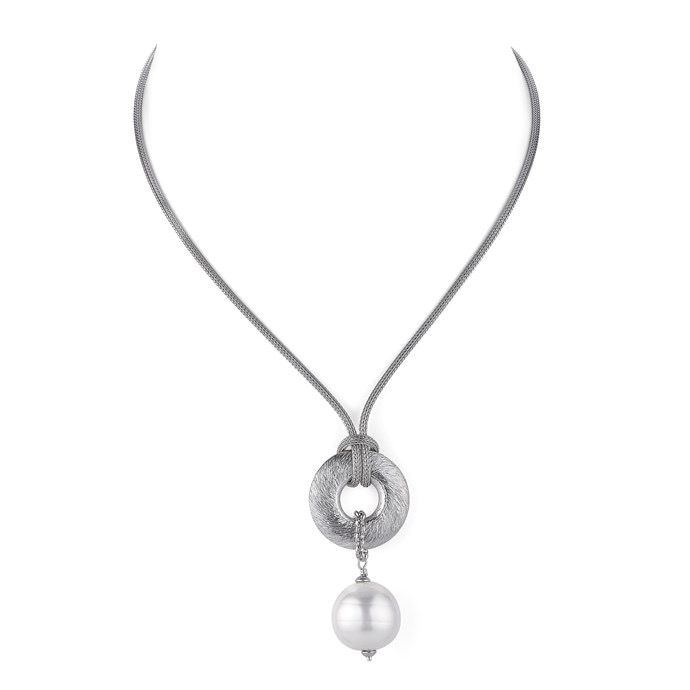 White Baroque Pearl and Brushed Circle Necklace