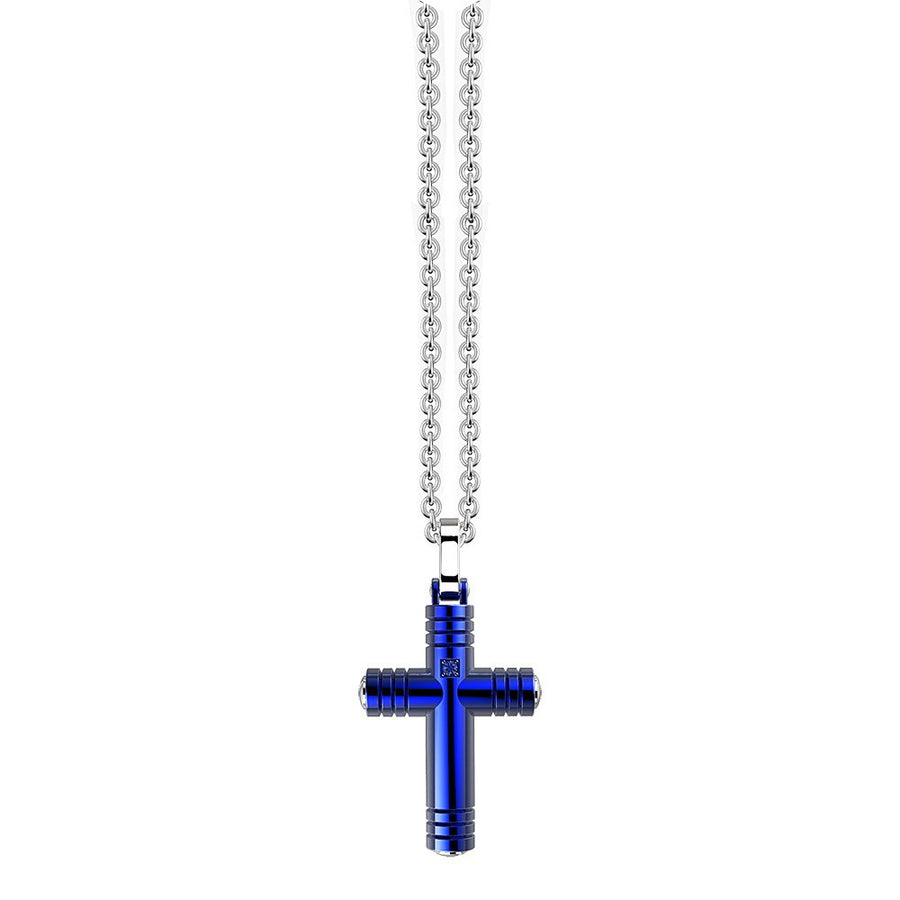 Blue Stainless-Steel Cross with Stones Necklace