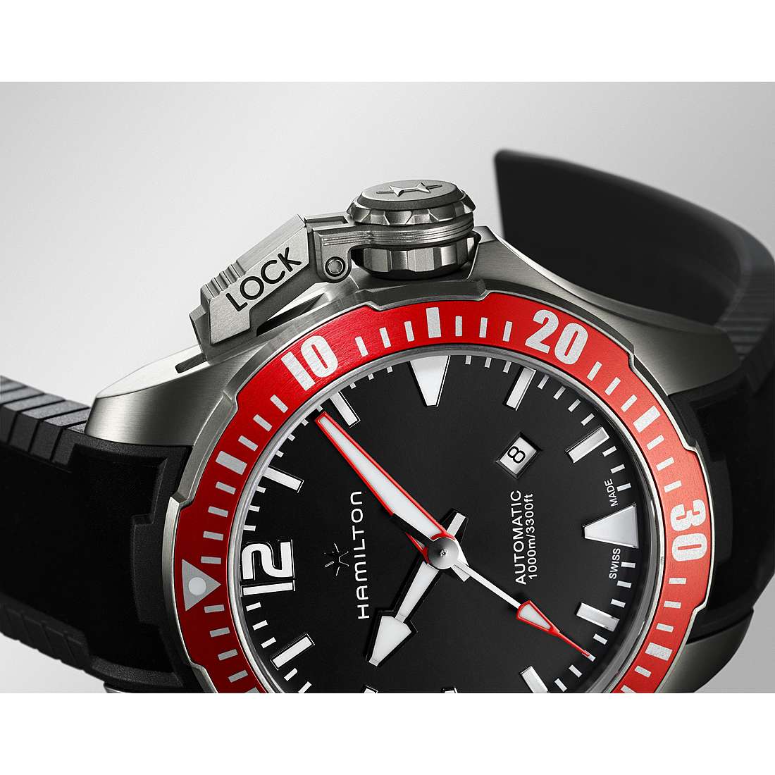 Khaki Automatic Navy Frogman Titanium (Black/Red Bezel) | Hamilton | Luby 