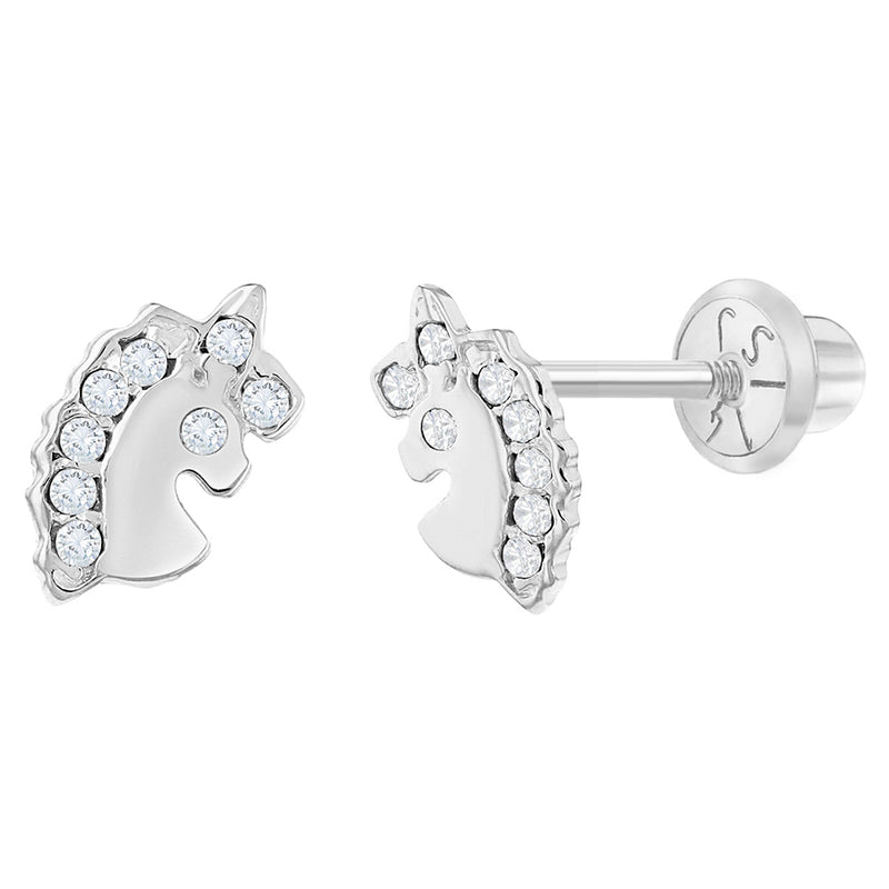 CZ Unicorn Kids / Children's / Girls Earrings Safety Screw Back - 14K White Gold | Children Collection | Luby 