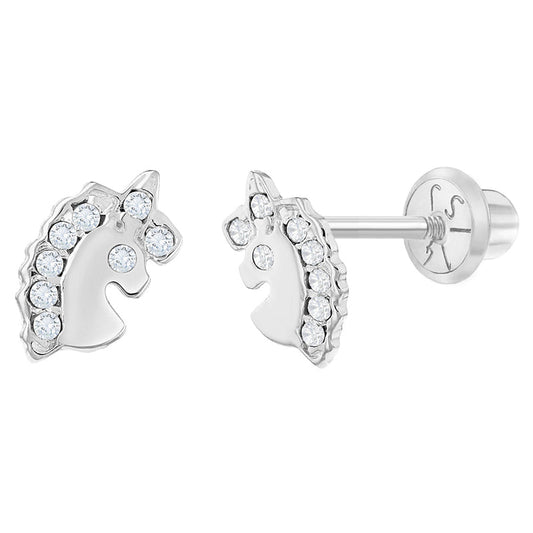 CZ Unicorn Kids / Children's / Girls Earrings Safety Screw Back - 14K White Gold | Children Collection | Luby 