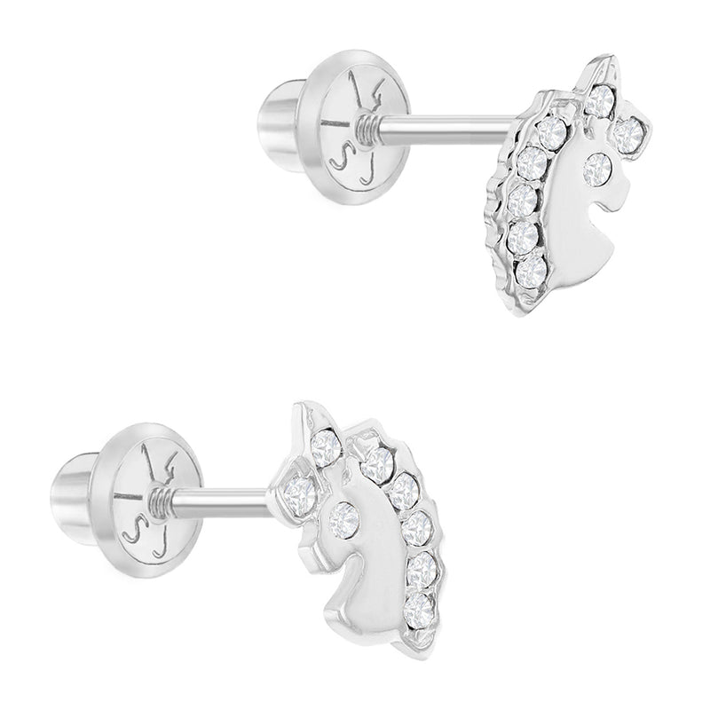 CZ Unicorn Kids / Children's / Girls Earrings Safety Screw Back - 14K White Gold | Children Collection | Luby 