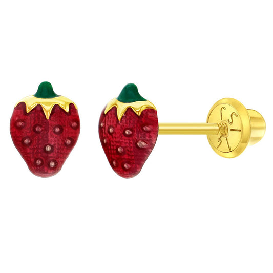 Summer Strawberry Baby / Toddler / Kids Earrings Safety Screw Back Enamel - 14k Gold | Children Collection | Luby 