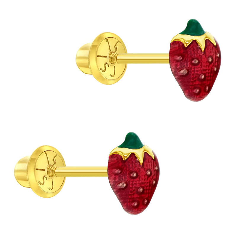 Summer Strawberry Baby / Toddler / Kids Earrings Safety Screw Back Enamel - 14k Gold | Children Collection | Luby 