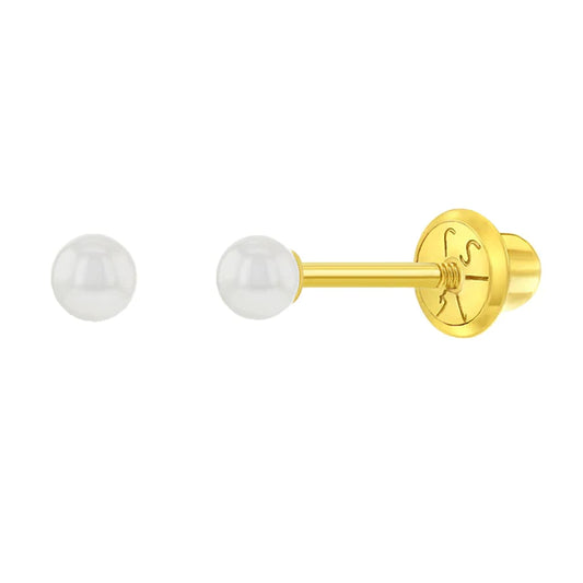 Classic Freshwater Cultured Pearl 4-4.5mm Baby / Toddler / Kids Earrings Safety Screw Back - 14k Gold | Children Collection | Luby 